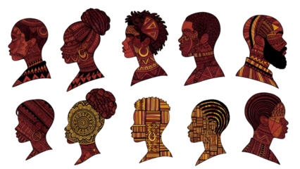 Illustration of nine african american hairstyles in profile isolated on transparent background celebrating diversity and culture