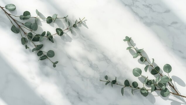 Flat lay of eucalyptus foliage on white marble, suitable for editorial header backgrounds, World Environment Day