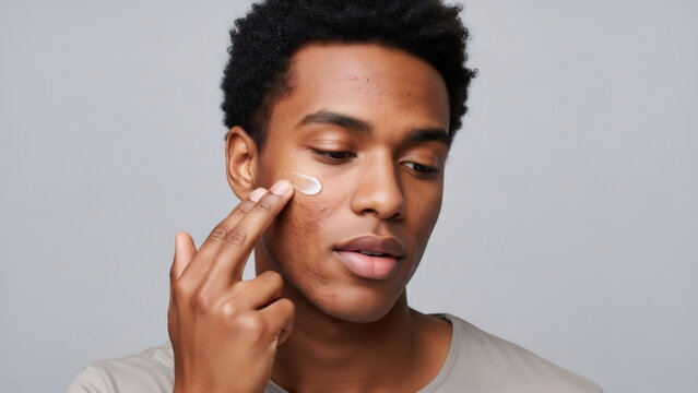 An African American man applies cream to his problematic facial skin, which is suffering from acne. Male skincare and procedures to maintain healthy skin. Daily use of cosmetic products.