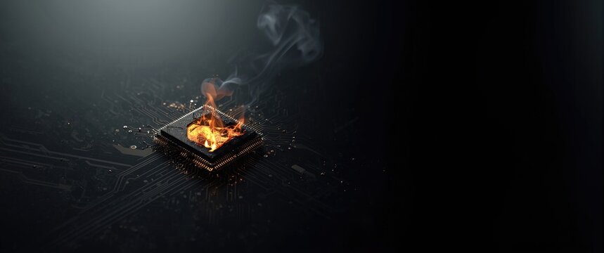 Computer PCB with an electronic integrated circuit (IC) after static discharge and burn out damage