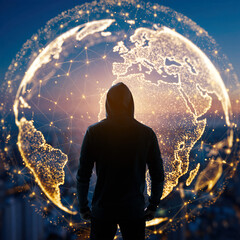 Looking at a glowing world map with digital connections at sunset