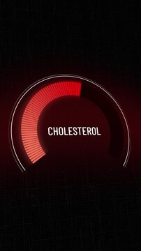 Health metrics dashboard, cholesterol level normalization, red danger zone dropping to acceptable range, signifying vital statistics improvement and lower cardiovascular disease risk. Copy space.
