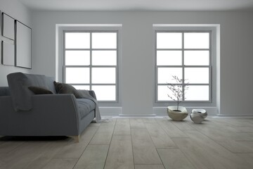 modern room with sofa with pillows and plaid and flowerpot with plant on the floor near the windows interior design. 3D illustration