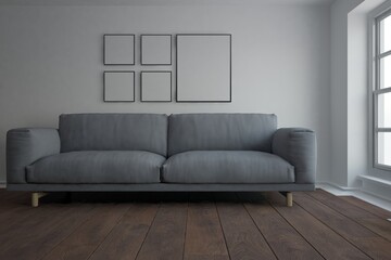 modern room with sofa and empty white frames on the wall interior design. 3D illustration