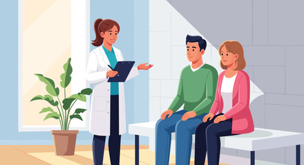 Doctor discussing health with young couple in clinic for family planning and health education materials