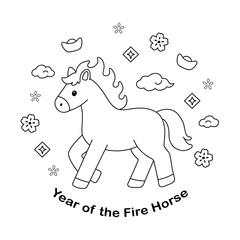 Fototapeta premium Year of the Fire Horse coloring pages. Trace and color horse. Coloring page outline of cute horse. Wild animals horse coloring pages worksheets printable for kids, Kindergarten and preschool activity.