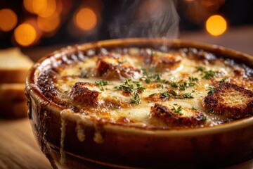 Comforting French onion soup served in a ceramic bowl with thyme and bubbling cheese crust