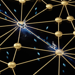 Close-up view of metallic nodes and connected lines with moving drones in a high-tech setting