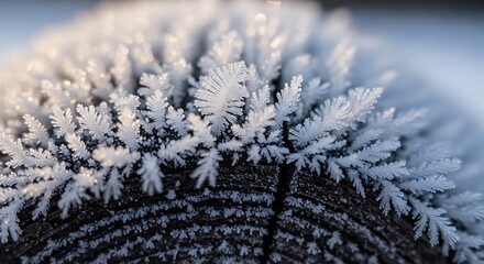 Intricate Hoarfrost Crystals on Dark wood Rods in Cold Winter Light