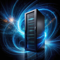 High-tech server rack with blue light against a cosmic background in a data center setting