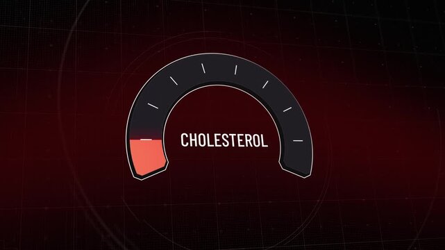 Animated health gauge displaying blood lipid levels rising from safe to critical, dangerous increase in cholesterol, spiking risk of cardiovascular disease, heart attack, and stroke, Copy space