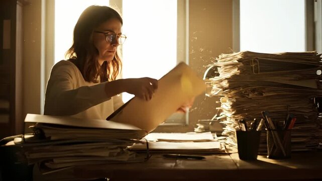 reader reviews document and file at cluttered desk. tablet rests atop paper stack near window. warm light falls across eyewear and paperwork. recordkeeping and document sorting in compact workspace.