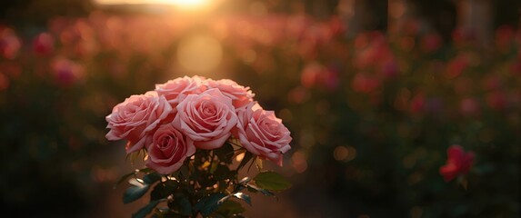 Pink Roses in Bloom Close-Up During Sunset in the Garden with a Soft Focus Background