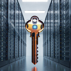 Large server room with a digital key symbol representing data security and access control