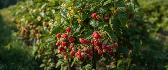 Obraz premium Ripe red Tulameen raspberries on bushes at a u-pick farm during a sunny summer day