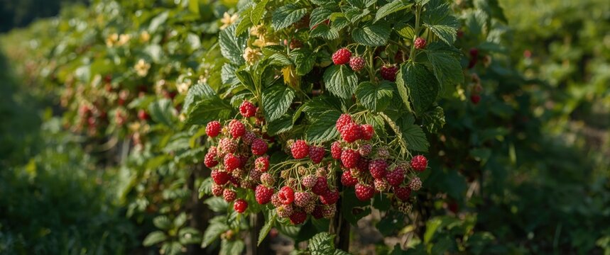Ripe red Tulameen raspberries on bushes at a u-pick farm during a sunny summer day