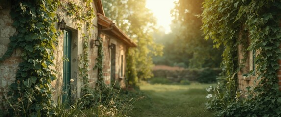 Obraz premium Aged homes in rural areas covered with vines, showcasing charm, nostalgia, beauty, and harmony with nature