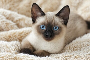 Intimate portrait of a Siamese kitten looking at the camera in a neutral, cozy setting