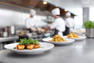 Plated gourmet dishes with herbs in a busy restaurant kitchen featuring chefs in white uniforms preparing food in the background during a culinary service