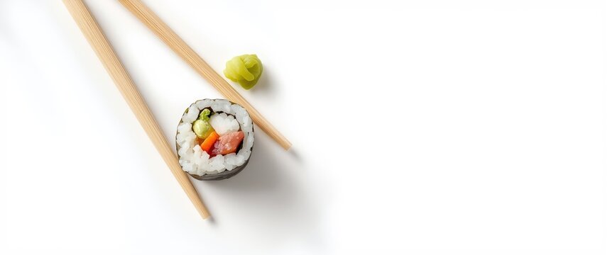 Chopsticks picking up sushi roll against a white backdrop