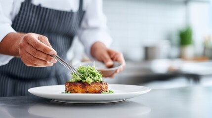 Chef in striped apron garnishing a plated dish with fresh herbs in a modern restaurant kitchen, stainless steel surfaces and utensils visible in the background