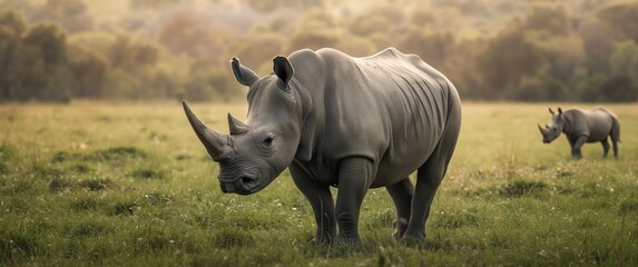 Obraz premium Ceratotherium simum, the White rhinoceros or White Rhino, with prominent horn in Cabarceno Natural Park