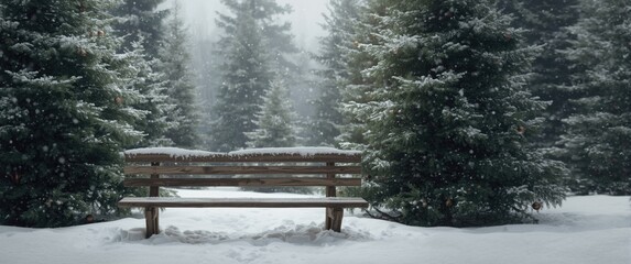 Obraz premium Charming Winter Scene with Snow-Laden Trees and a Rustic Bench