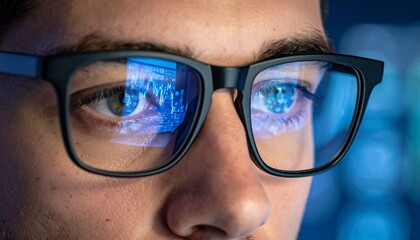 A man wearing black-framed glasses with a futuristic digital eye reflection