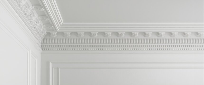Interior renovation featuring ornamental white molding on ceiling close-up detail