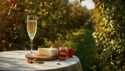Serving apple cider and camembert cheese among orchard trees with ripe red apples, food presentation, International Day of Food Safety