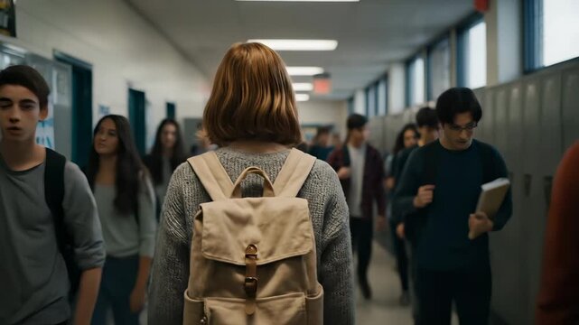 student with backpack walks through hallway in school corridor. locker and classmate flank teenager moving within crowd. movement and transit across campus between classes. bell marks passage.