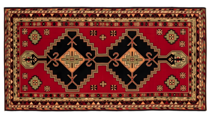 A traditional red and black patterned rug with geometric design on transparent background