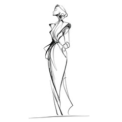 Elegant hand-drawn fashion illustration of a woman in minimalist line art style, featuring flowing lines and a refined couture silhouette
