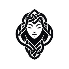 Black and white Celtic woman face surrounded by intricate knotwork, symbolizing mystery, femininity, mythology and ancient spiritual art