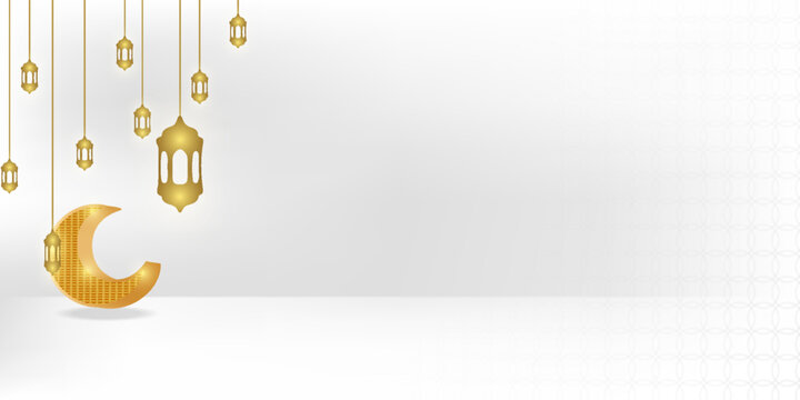 Ramadan Kareem 3d luxury golden crescent moon lantern. Eid Mubarak Islamic background banner with golden arch. T. vector Eps 10