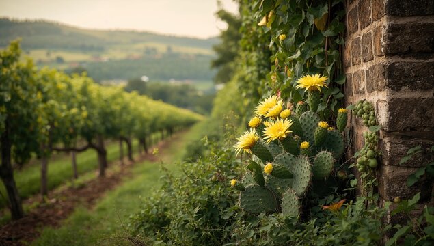 Prickly pears flowering among vineyard plants, illustrating sustainable agriculture, World Environment Day