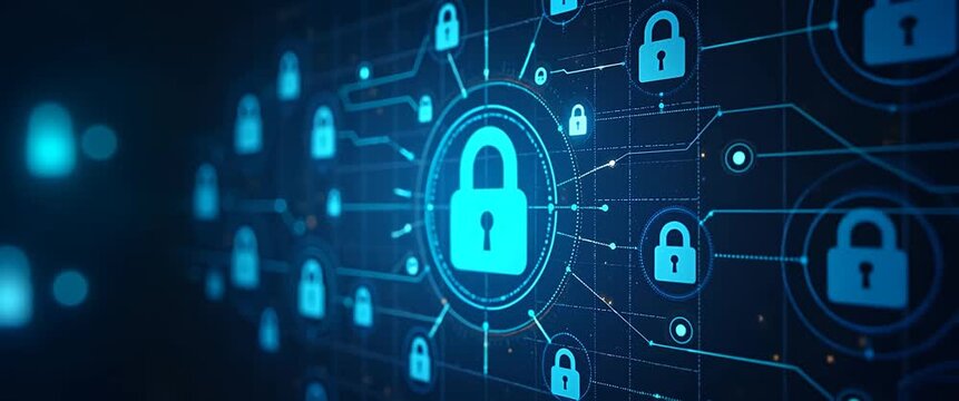 Futuristic cybersecurity network with interlocking digital padlocks gently pulses as the camera slowly pans, creating a dynamic, high-tech atmosphere with a cinematic flair.
