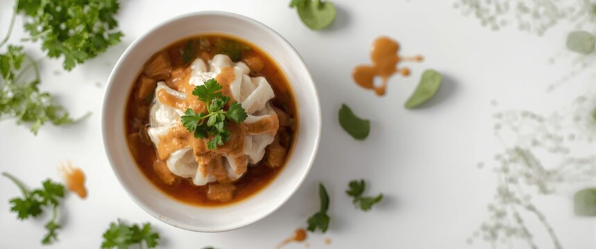 Indonesian Siomay: fish dumpling served with peanut sauce, top view, selective focus