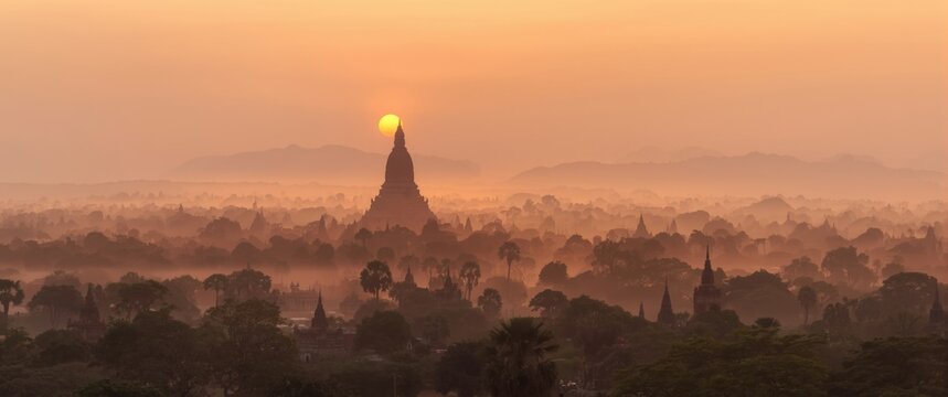 Sunrise over Bagan, Myanmar showcasing a stunning panorama of temples and pagodas