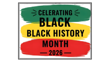 Black history month 2026 celebration logo with colorful brush stroke design and bold typography on isolated transparent background