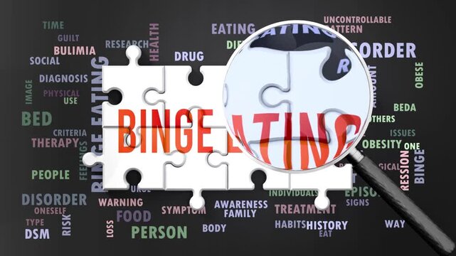 Binge Eating under magnifying glass, being researched, studied and examined. Most important subjects and ideas closely related to binge eating written around a puzzle.Can be looped.