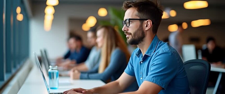 Focused professional typing on laptop in modern office, as camera gently pans, capturing ambient light flicker and soft background activity; cinematic, inspiring workspace video.