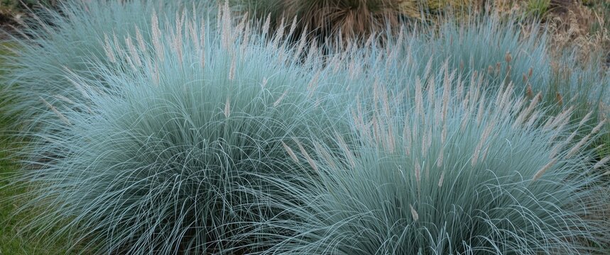 Garden grass varieties: Blue Fescue, Festuca glauca, and Blue Oat Grass, Festuca ovina, featuring 'Elijah Blue' with soft, powder blue, spiky leaves