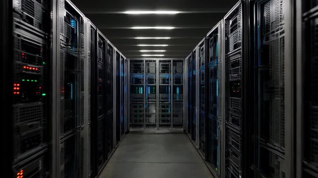 Long data center hallway with symmetrical server racks and blue status lights