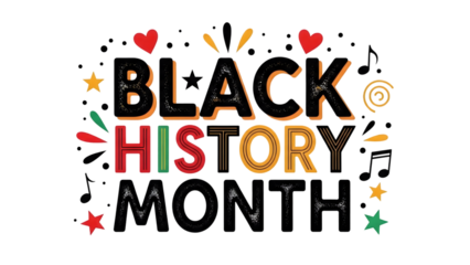 Vibrant black history month celebration graphic with colorful text and decorative elements isolated on transparent background