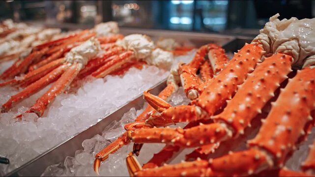 Seafood Feast: A close-up showcases a bounty of crab legs artfully arranged on a bed of glistening ice. The scene, a feast for the eyes, invites you to savor the fresh, exquisite delicacies.
