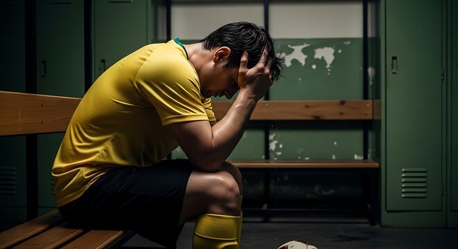 Dejected male soccer player in yellow jersey sits slumped on wooden bench, dimly lit locker room, head hands. Brazilian soccer player