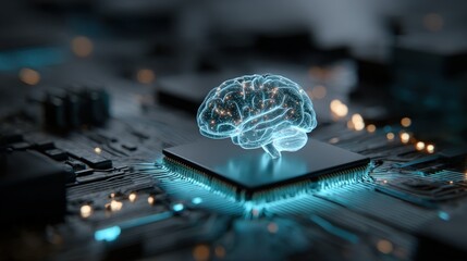 A futuristic depiction of a glowing brain on a circuit board, symbolizing the intersection of technology and artificial intelligence.