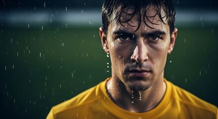 Intense male athlete, wet from rain, water droplets on face and hair. Yellow jersey, staring forward, focused expression. Brazilian soccer player