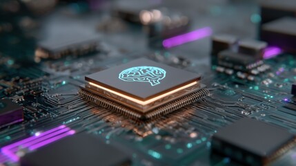 A close-up view of a microchip featuring a brain icon, set against a dark, tech-inspired circuit board with purple accents.